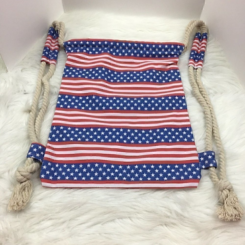 Anna & Ava Drawstring Cinch Bag Backpack 13" x 16" Canvas Braided Rope Patriotic